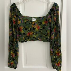 Japna Chiffon Crop Top Blouse Smocked Green Printed Size Small Boho Floral New